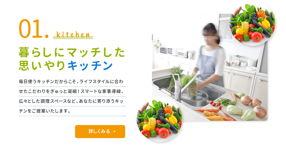 01.Kitchen 暮らしにマッチした思いやりキッチン 毎日使うキッチンだからこそ、ライフスタイルに合わせたごだわりをぎゅっと凝縮！スマートな家事動線、広々とした調理スペースなど、あなたに寄り添うキッチンをご提案いたします。